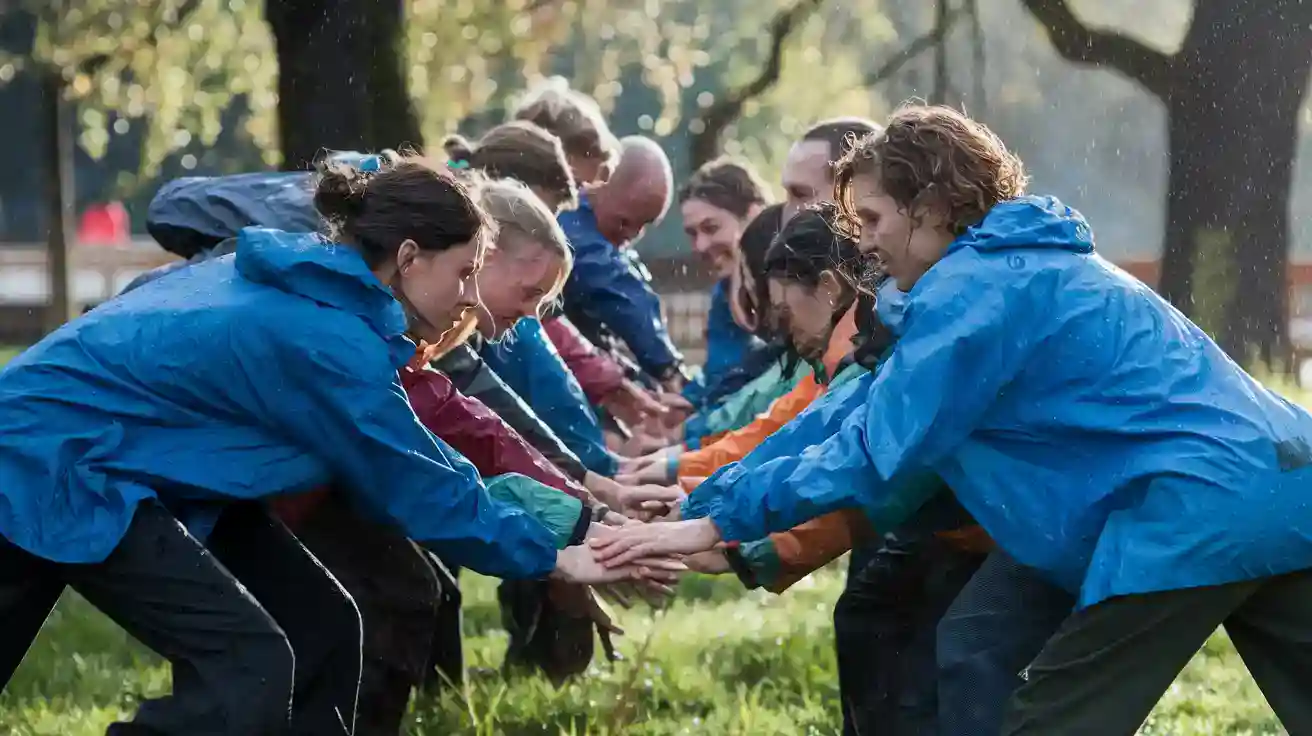 Blue waterproof work jackets worn by a group of diverse people participating in an outdoor team activity in a park outdoor workwear, team building, waterproof clothing, active lifestyle, group cooperation, corporate event, outdoor team sport, rain gear, community gathering, uniform clothing, uniform manufacturer, custom workwear, outdoor apparel China manufacturer.
