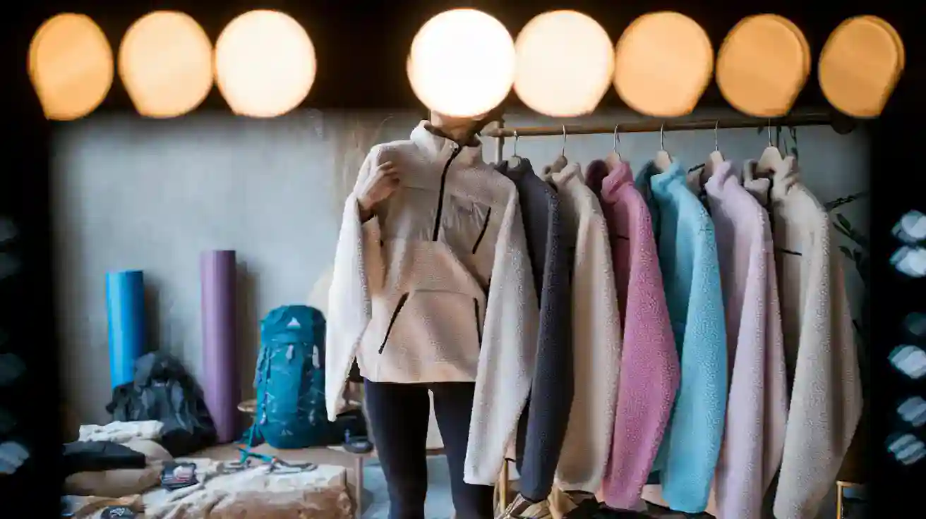 High-quality custom clothing uniforms displayed on a rack in a manufacturing setting, showcasing various colors and styles for corporate or outdoor use.