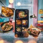 Delicious Asian dishes floating around a smartphone displaying a food delivery app, city street background with colorful lights and a delivery person, modern concept of online food ordering and delivery service.