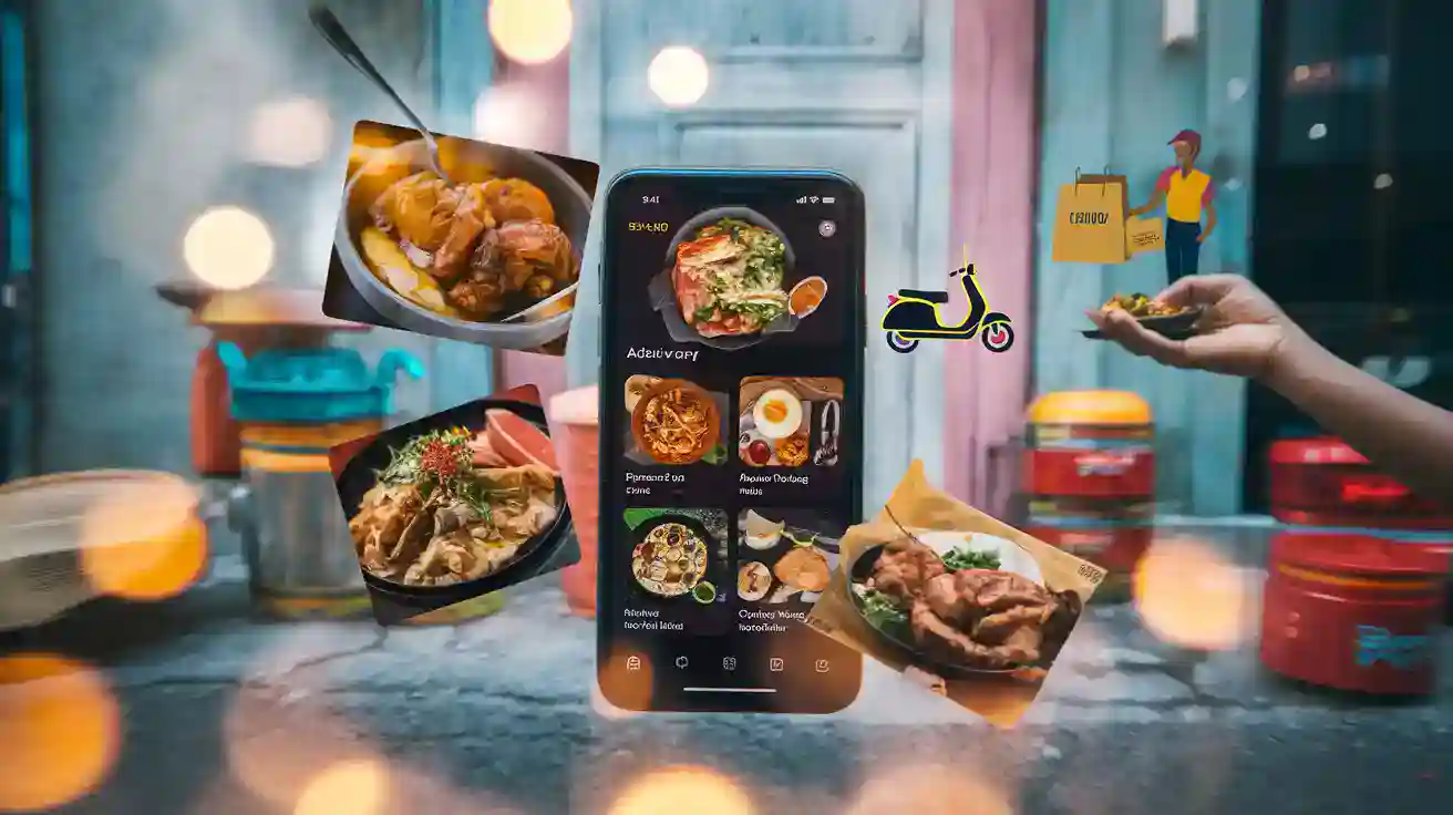 Delicious Asian dishes floating around a smartphone displaying a food delivery app, city street background with colorful lights and a delivery person, modern concept of online food ordering and delivery service.