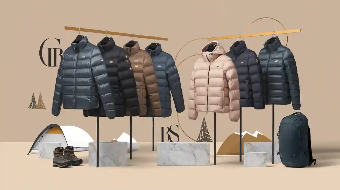 Puffy winter jackets displayed on clothing racks with backpacks and hiking shoes, showcasing custom outdoor and workwear apparel suitable for cold climates.