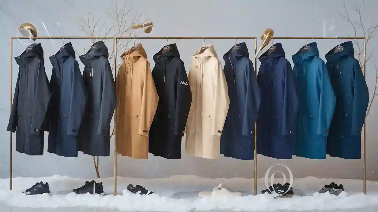 Black, beige, and navy waterproof jackets on a clothing rack for workwear in cold weather conditions.