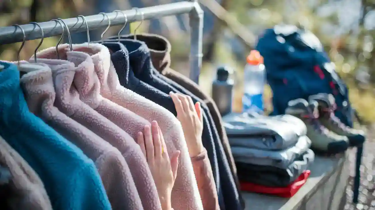 Comfortable fleece jackets in various colors hanging on a clothing rack, showcasing quality workwear uniforms for outdoor and industrial jobs.