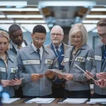 Reflective work uniforms for factory staff in an advanced manufacturing plant. Employees are reviewing documents, showcasing professional, durable workwear designed for industrial environments.