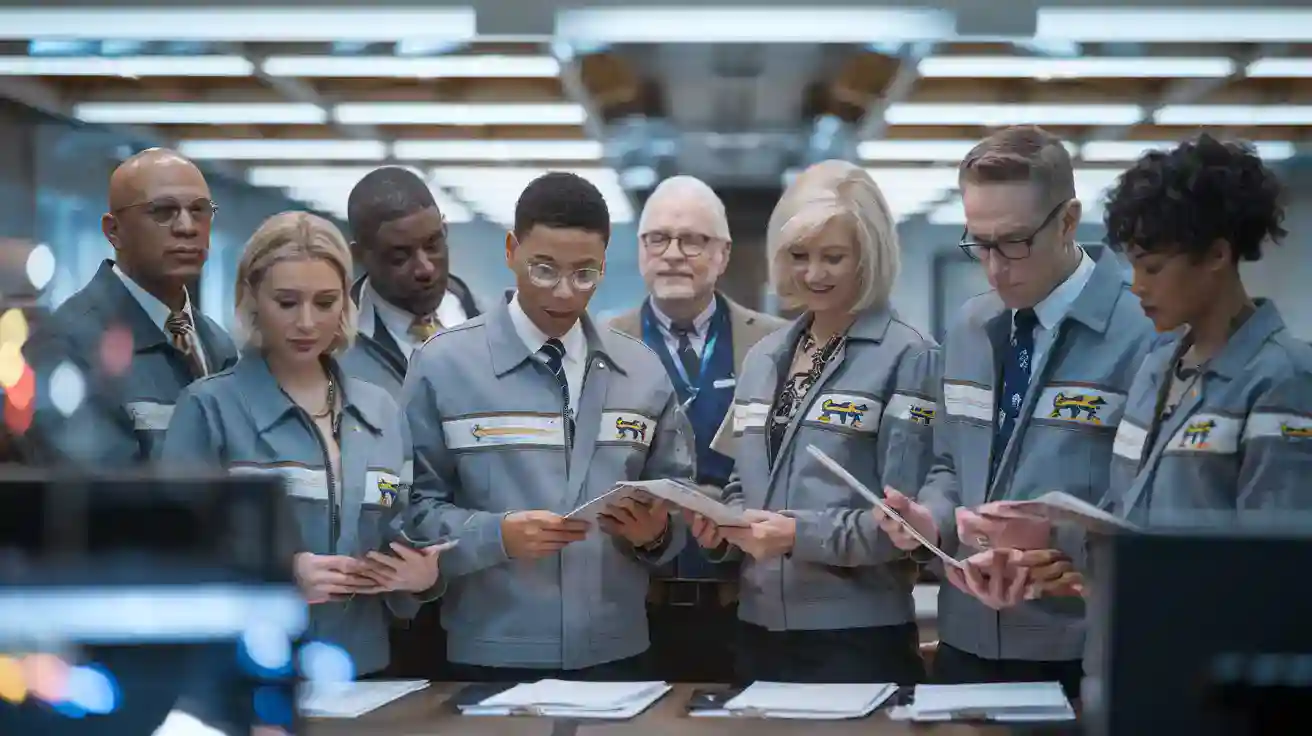 Reflective work uniforms for factory staff in an advanced manufacturing plant. Employees are reviewing documents, showcasing professional, durable workwear designed for industrial environments.