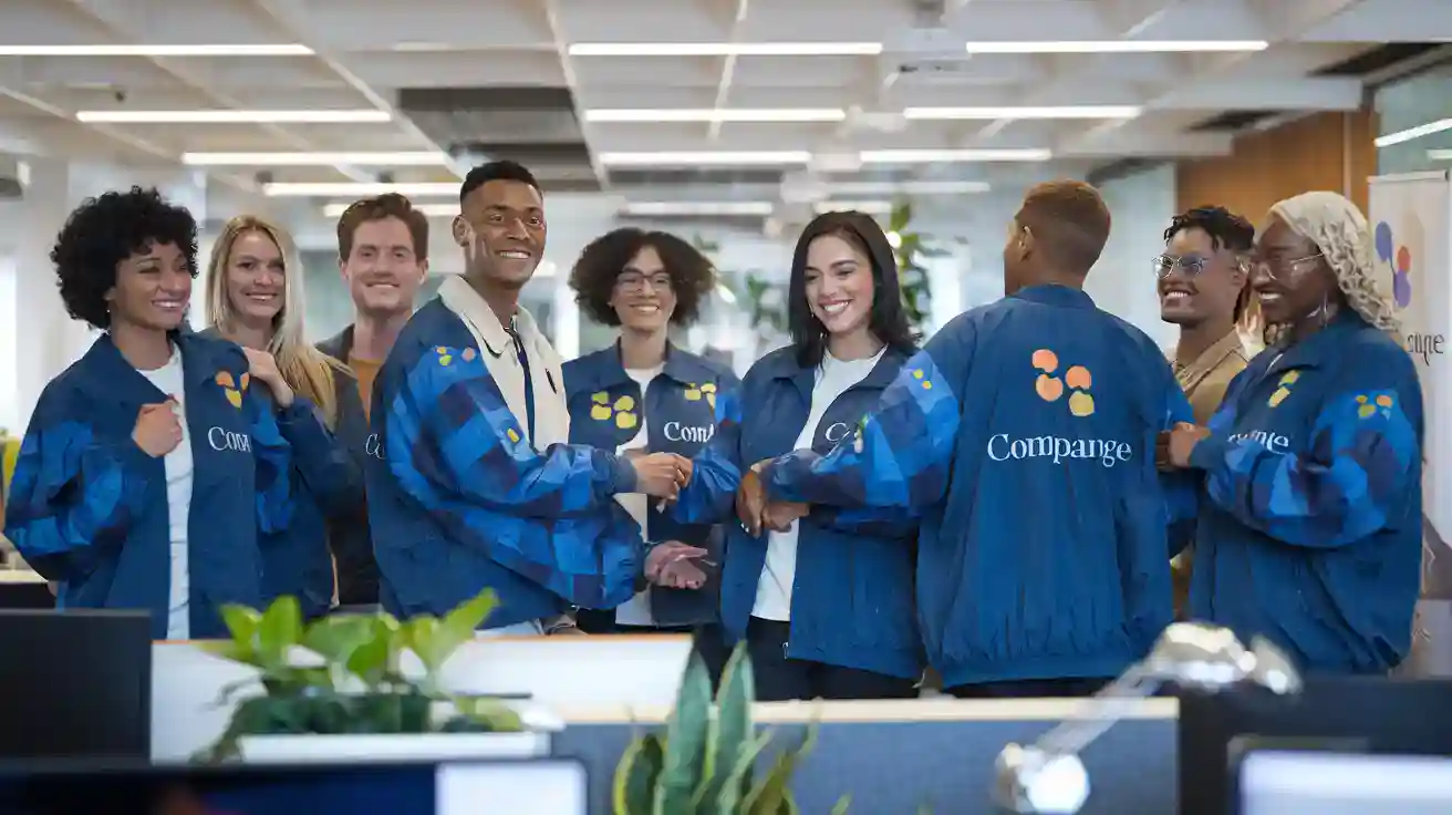 Bright team wearing custom branded uniforms shaking hands in modern office environment, showcasing corporate workwear solutions from China manufacturer.