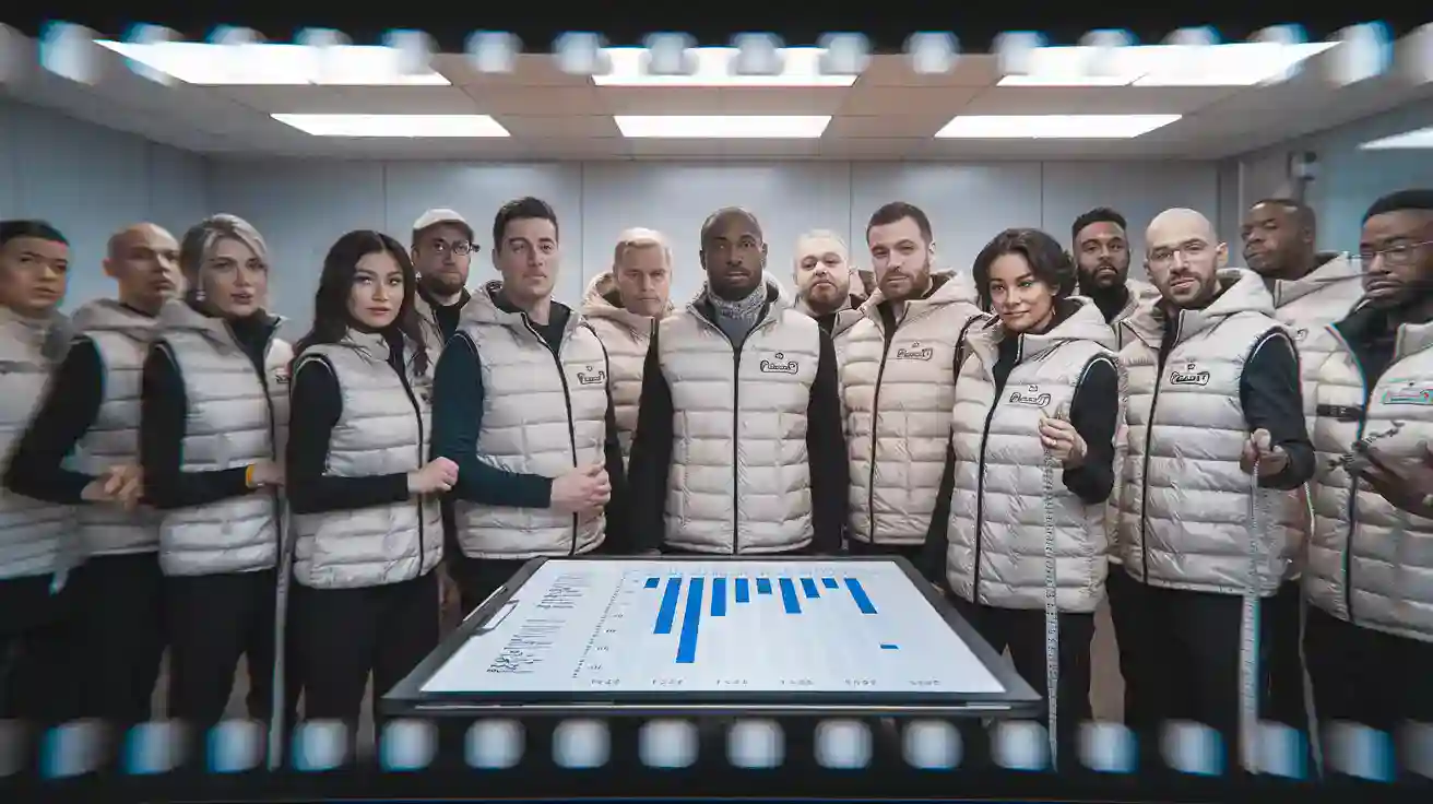 Diverse group of employees wearing custom padded uniforms in a corporate training room.