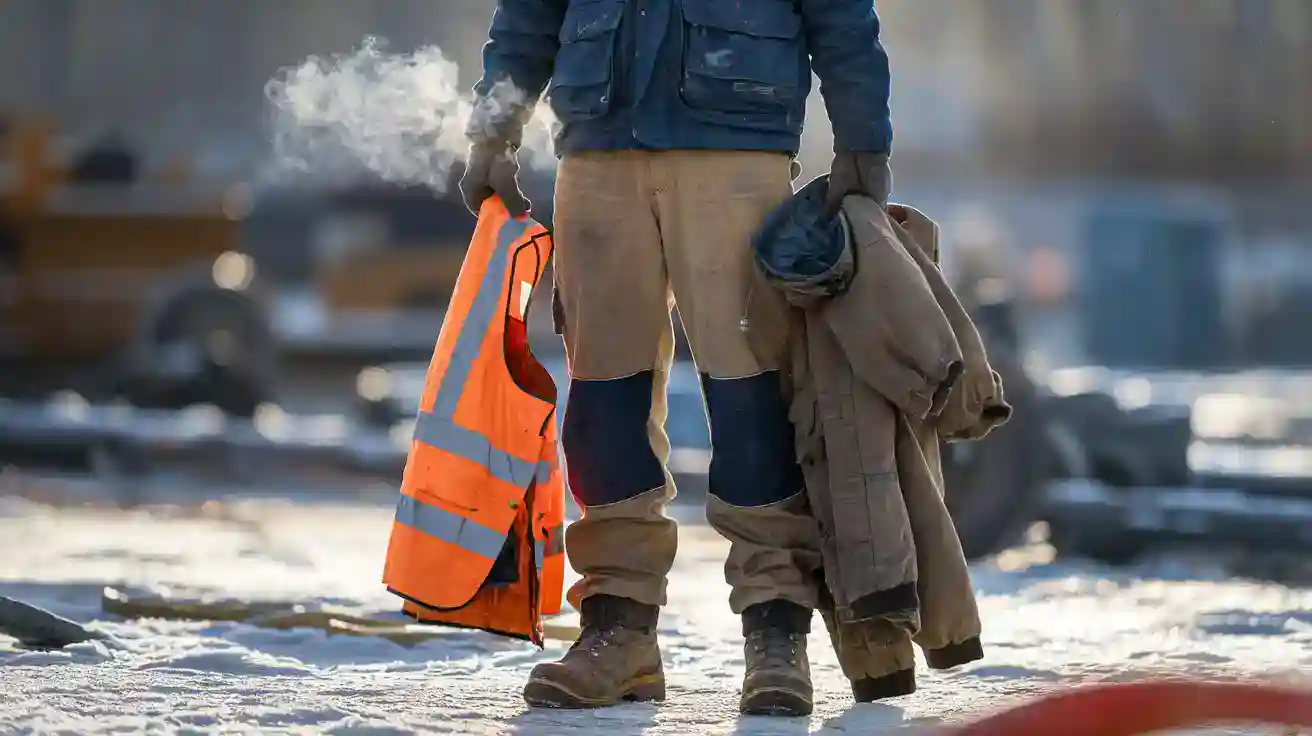 High-visibility safety vest, work boots, and construction worker gear, highlighting custom work uniforms manufactured in China for industrial safety and durability at work sites.
