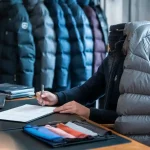 Light grey insulated work jacket with hood, designed for cold weather workwear, displayed in a retail or manufacturing environment.