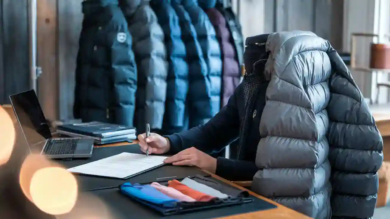 Light grey insulated work jacket with hood, designed for cold weather workwear, displayed in a retail or manufacturing environment.