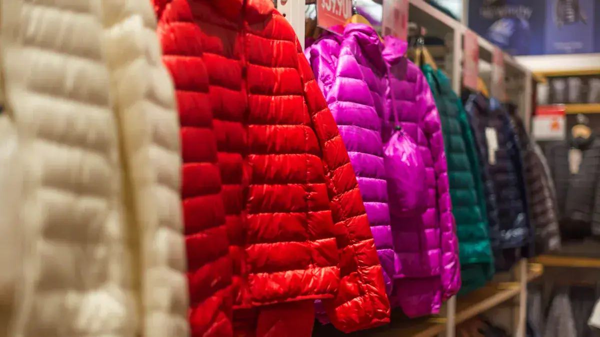 Brightly colored puffer jackets displayed on a store shelf. Perfect for customizing and manufacturing high-quality workwear and outerwear in China. Custom clothing uniforms for various industries available.