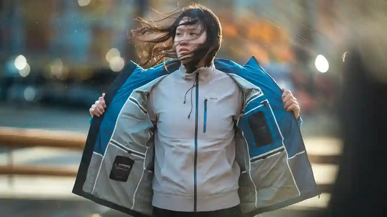 High-performance outdoor jacket worn by a woman in a windy outdoor setting, showcasing durable construction and weather-resistant fabric.