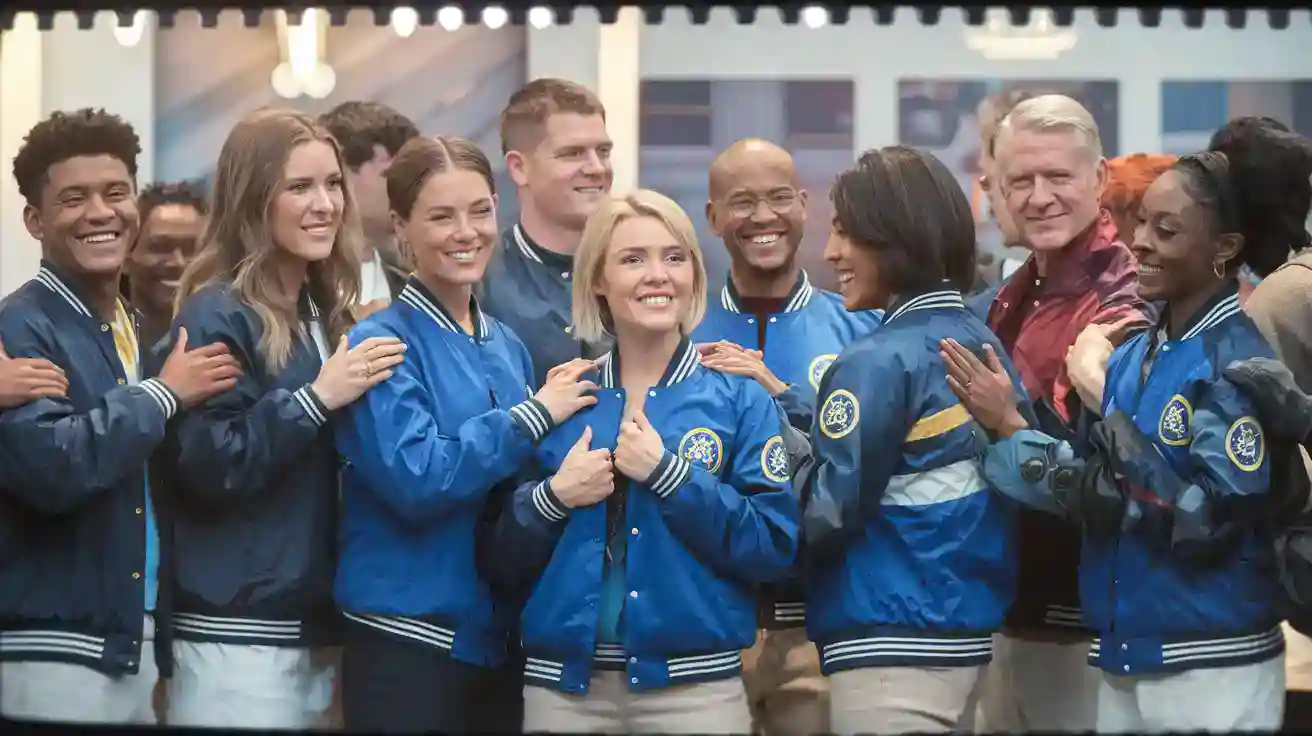 Airport staff wearing coordinated blue and black custom uniforms, smiling and engaging together.