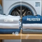 Soft cotton t-shirts and durable polyester uniforms neatly stacked in front of a washing machine, demonstrating fabric materials used for professional workwear manufacturing.