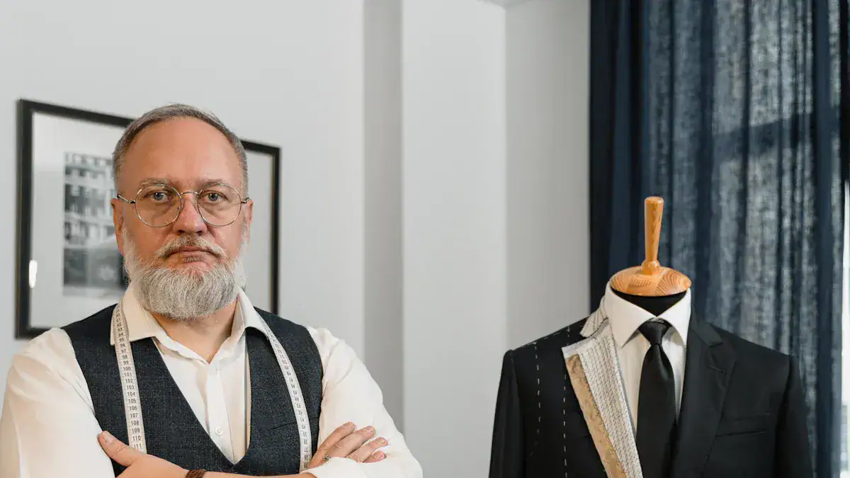 Custom tailor inspecting men's suit and measuring fabric samples for a tailored clothing uniform in a modern design studio.