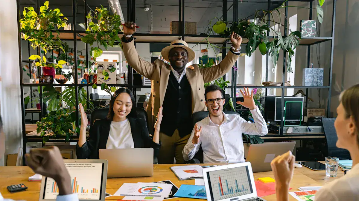 Custom clothing uniforms factory in China, showcasing professional workwear designed for corporate teams, with cheerful employees celebrating success in a modern office environment.