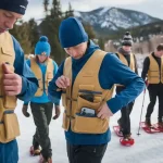 Workwear manufacturer custom insulated vests for outdoor team activities on snowy mountain terrain.