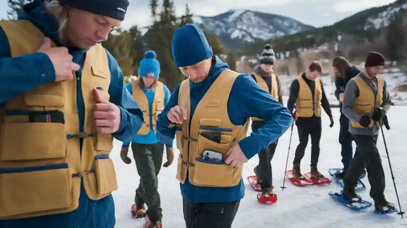 Workwear manufacturer custom insulated vests for outdoor team activities on snowy mountain terrain.