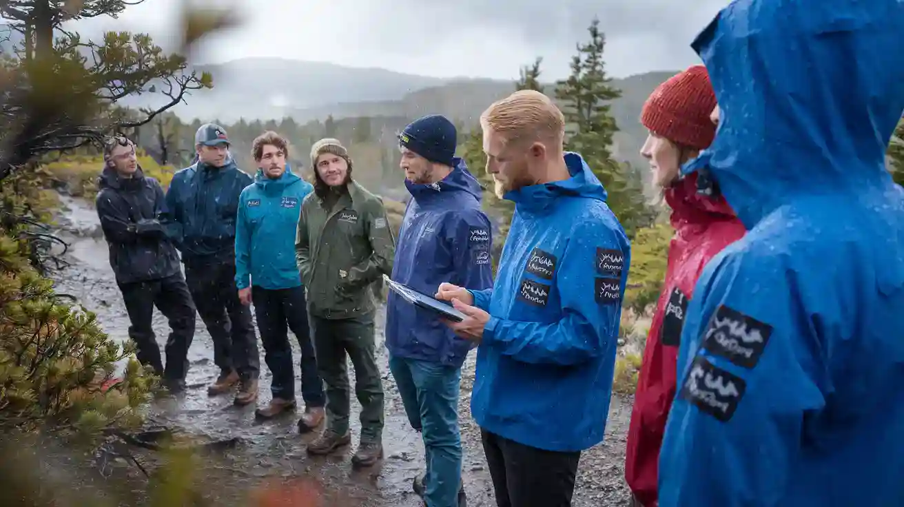 Waterproof workwear jackets for outdoor activities in rainy weather, suitable for team building and adventure excursions in wet conditions.