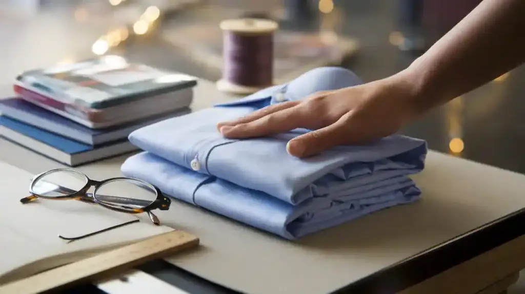 Folded light blue work shirts on a table with sewing supplies and books in the background, showcasing custom clothing manufacturing.