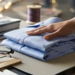 Folded light blue work shirts on a table with sewing supplies and books in the background, showcasing custom clothing manufacturing.