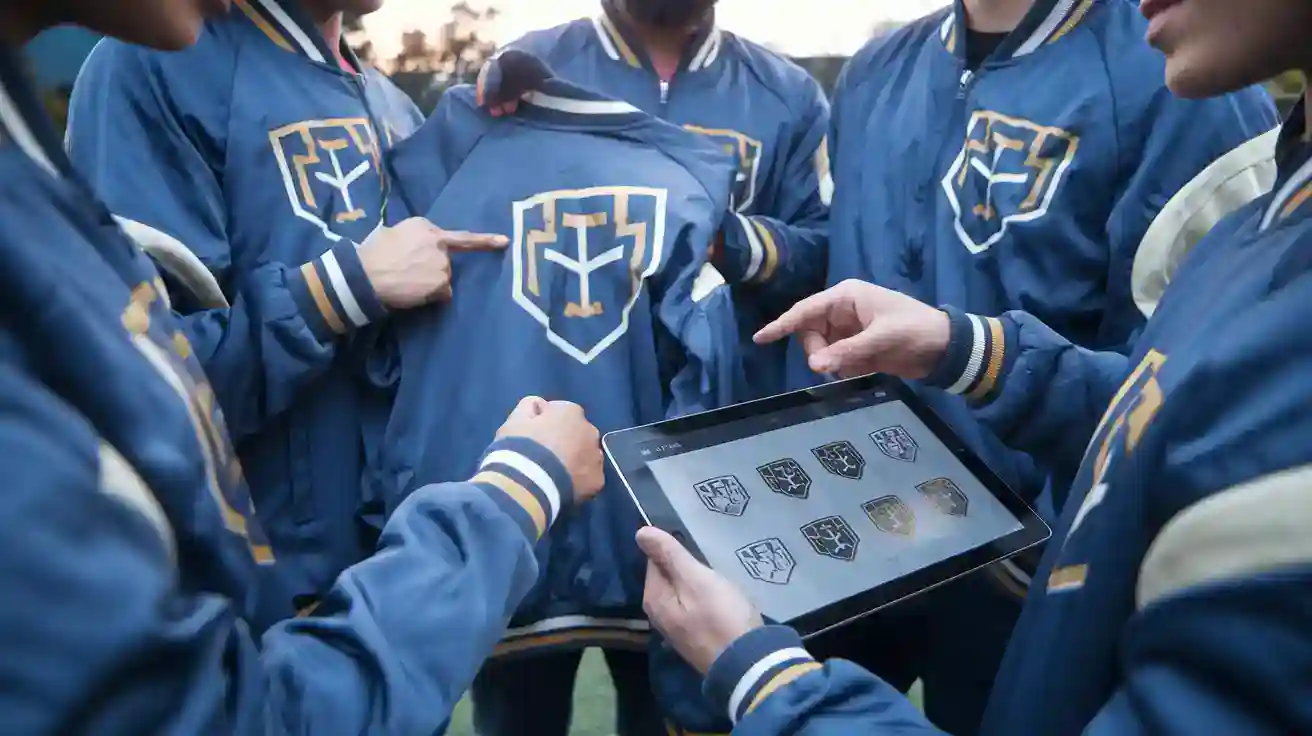 High-quality custom blue jackets with embroidered logos displayed on a tablet, worn by a group of people in a professional outdoor setting.