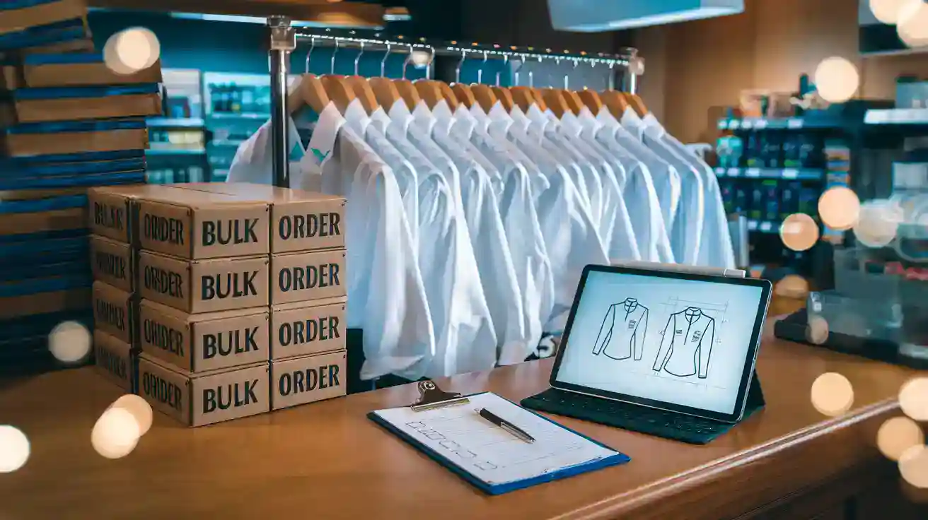 Custom workwear shirts hanging on a rack in a manufacturing facility.