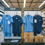 Custom workwear uniforms displayed in a retail store highlighting OEM and ready-made options for industrial clothing.