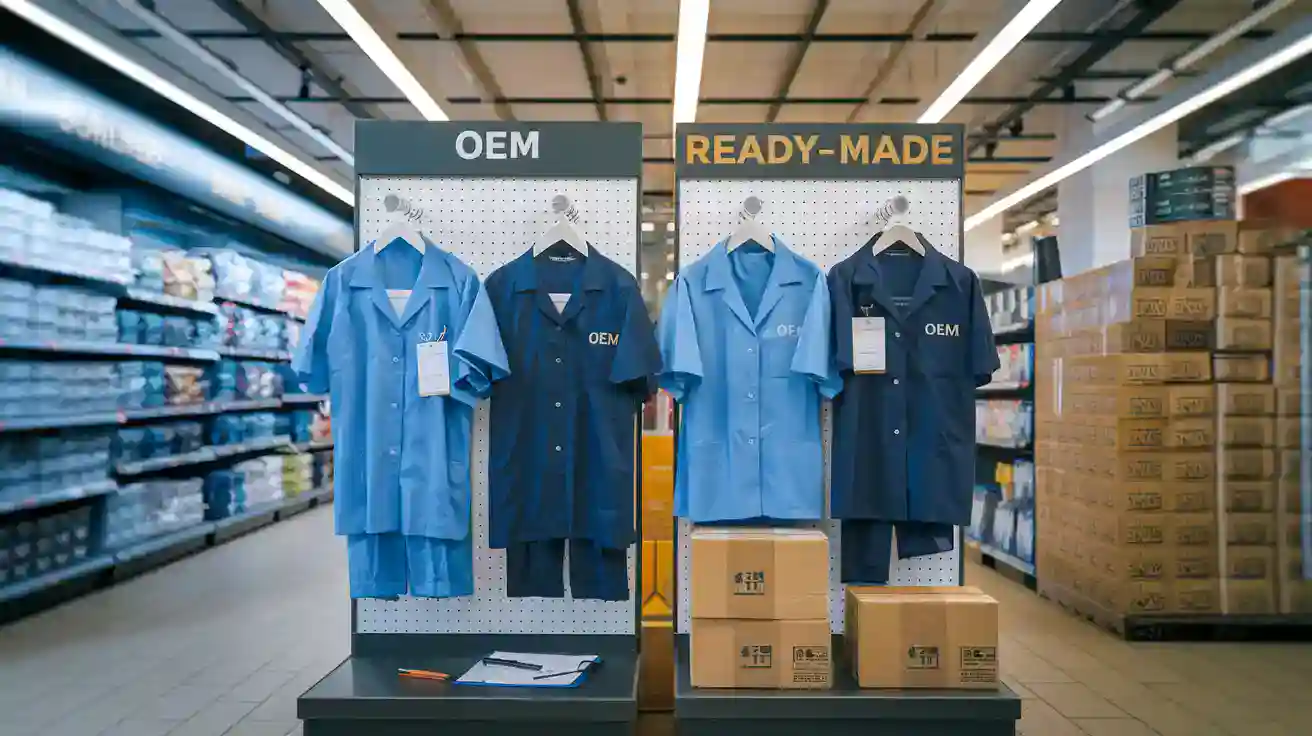 Custom workwear uniforms displayed in a retail store highlighting OEM and ready-made options for industrial clothing.