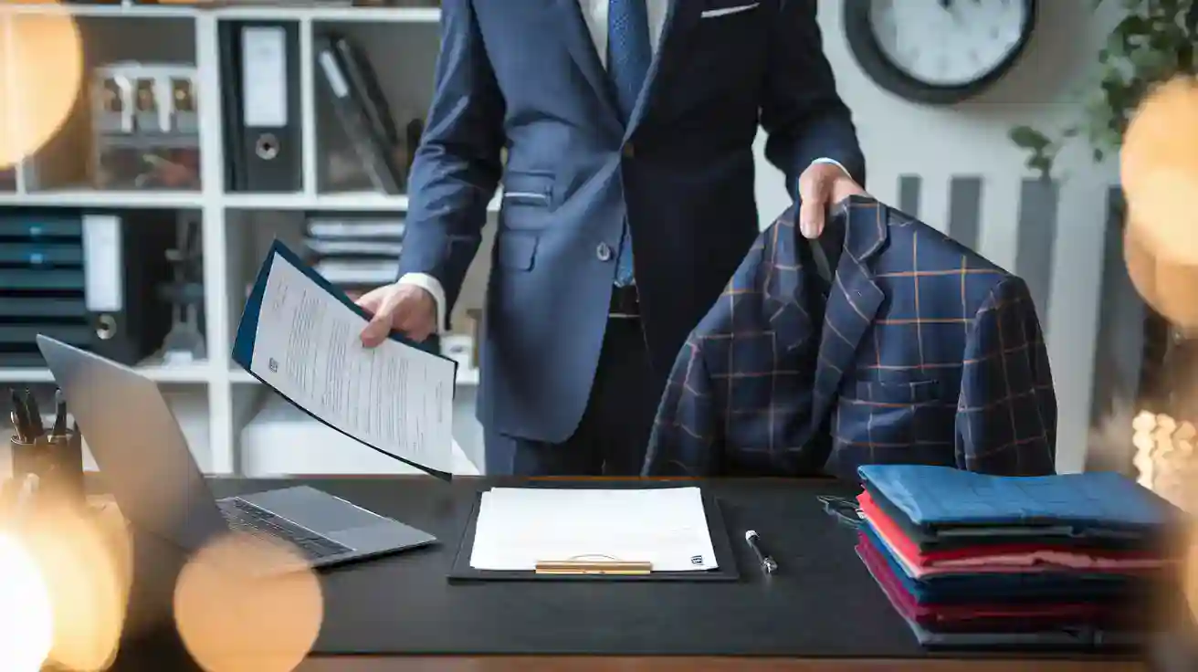 Elegant businessman holding a navy plaid blazer and a document in an office setting, showcasing custom clothing and uniforms manufacturing services by Sha.