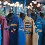 Vibrant collection of custom work uniforms featuring various colors and embroidered patches displayed on mannequins, showcasing high-quality craftsmanship and diverse styles for different industries.