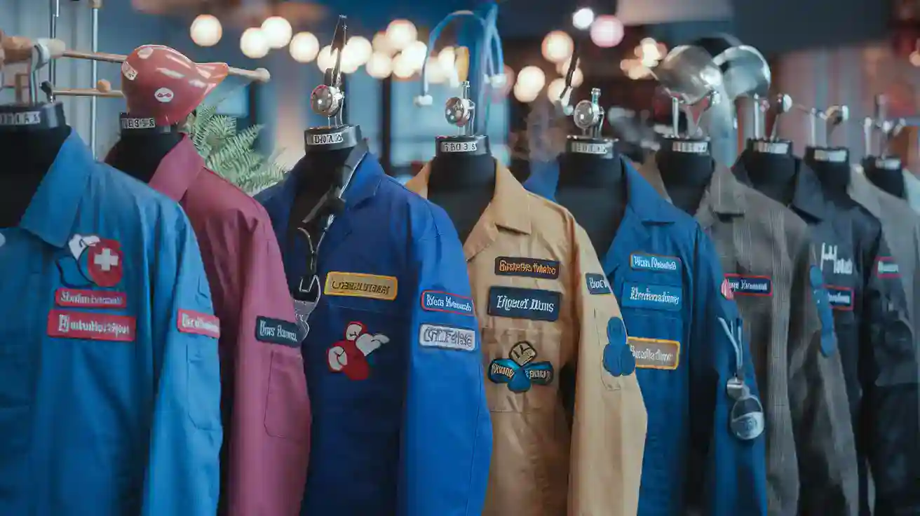 Vibrant collection of custom work uniforms featuring various colors and embroidered patches displayed on mannequins, showcasing high-quality craftsmanship and diverse styles for different industries.
