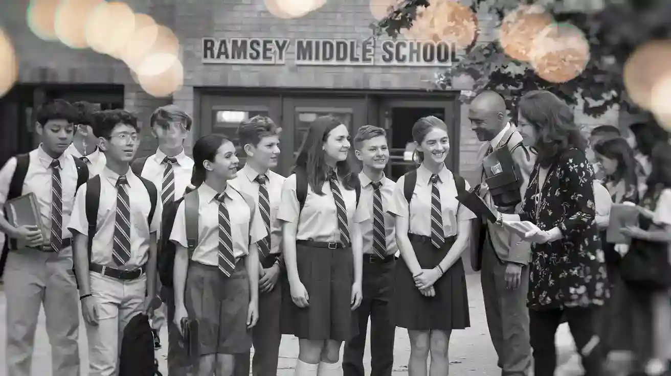 Polished school uniforms featuring custom blouses and ties for middle school students at Ramsey Middle School in a black and white photo.