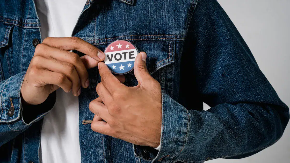 Voter pin badge on denim jacket, political campaign accessory, patriotic American election button, campaign merchandise, election season apparel.