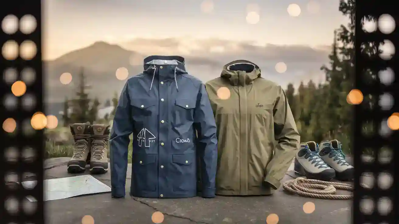 Waterproof outdoor jackets and hiking footwear display at a scenic mountain view during sunset, highlighting high-quality workwear and outdoor apparel suitable for adventure and outdoor activities.