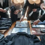 Custom workwear display with formal business clothing and uniforms, showcasing tailored apparel manufacturing in China.