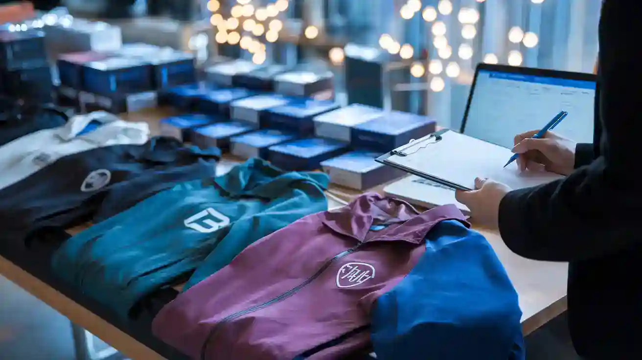 Custom workwear uniforms displayed on table at clothing manufacturing facility in China, with fabric samples and design planning.