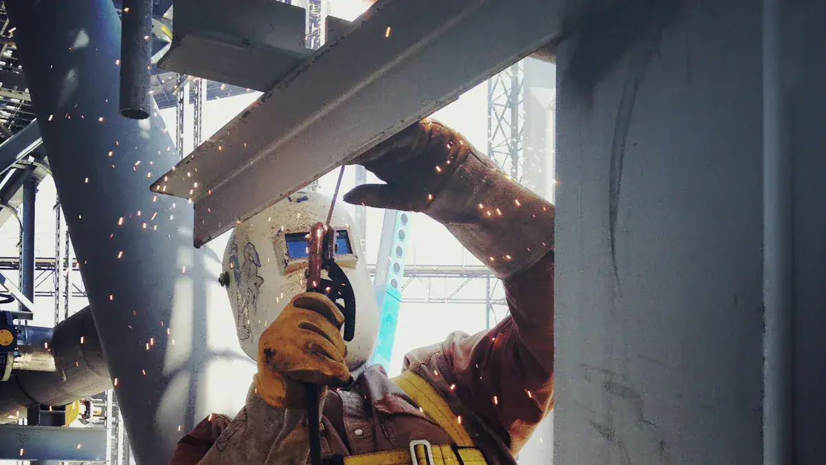 Welding worker in protective gear welding metal structure on industrial site with sparks flying.