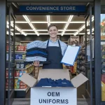 Custom workwear uniforms displayed in a convenience store setting, showcasing high-quality OEM clothing manufacturing in China for diverse business needs.