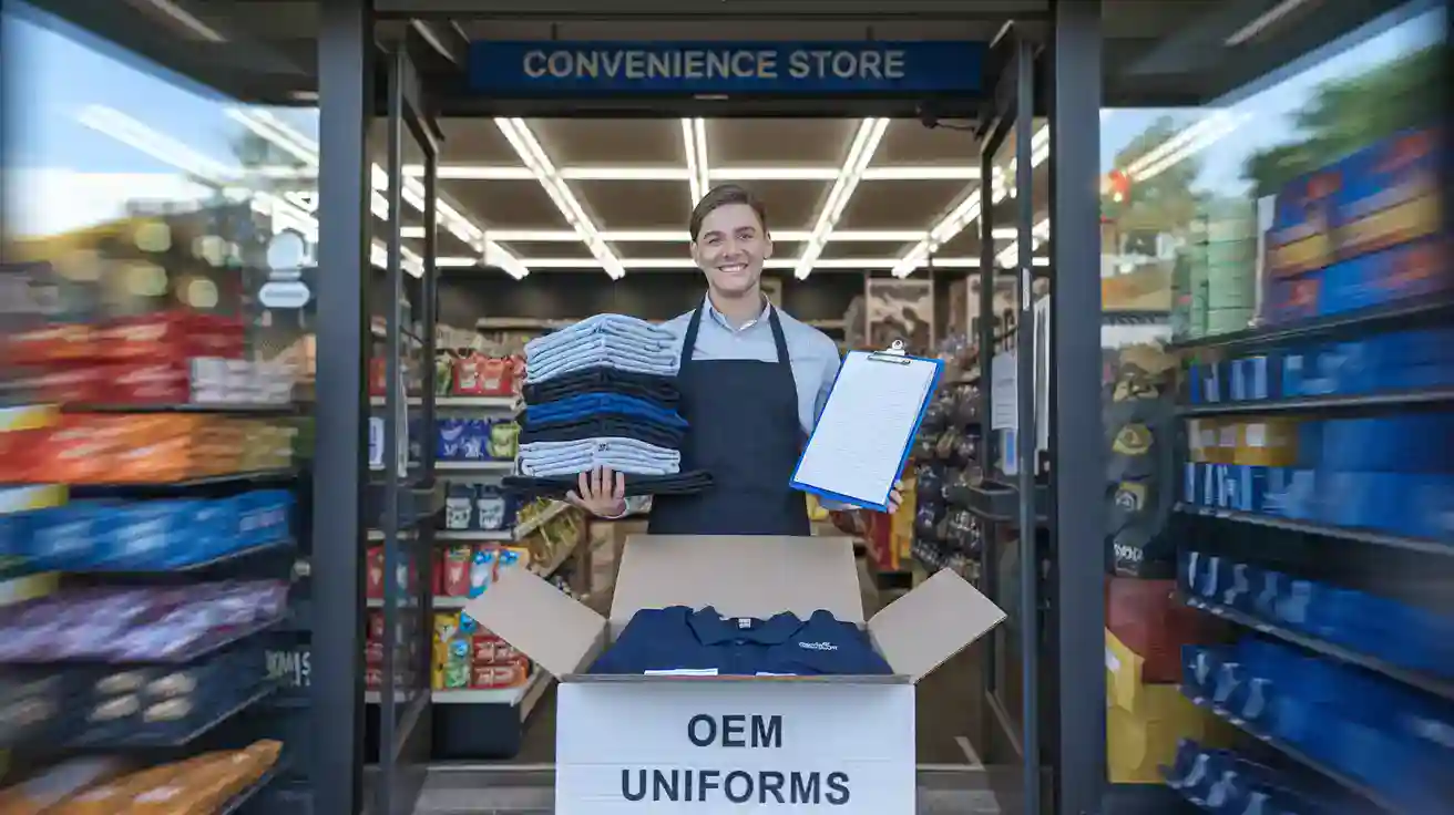 Custom workwear uniforms displayed in a convenience store setting, showcasing high-quality OEM clothing manufacturing in China for diverse business needs.