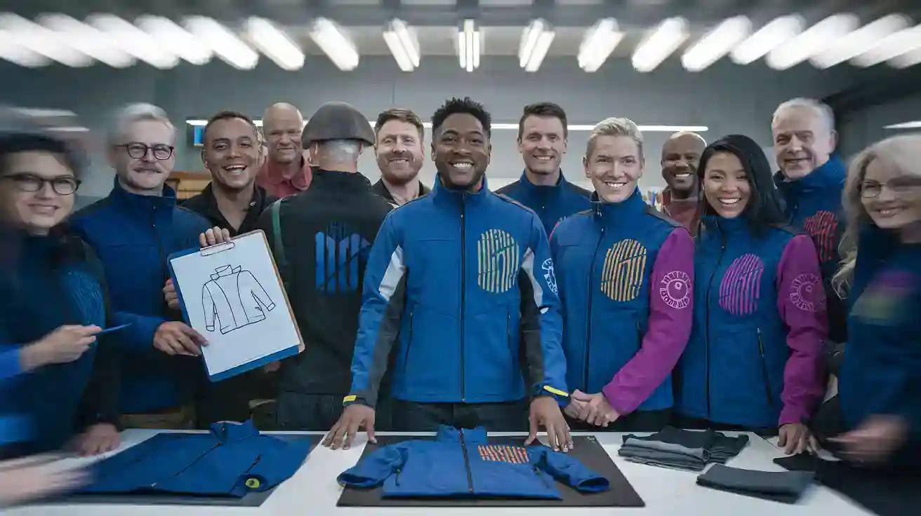 High-quality custom workwear clothing manufacturer team in a modern factory setting showcasing diverse uniforms and apparel designs for various industries.