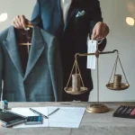 Balanced scale with coins and legal documents on a desk representing financial law and legal services.