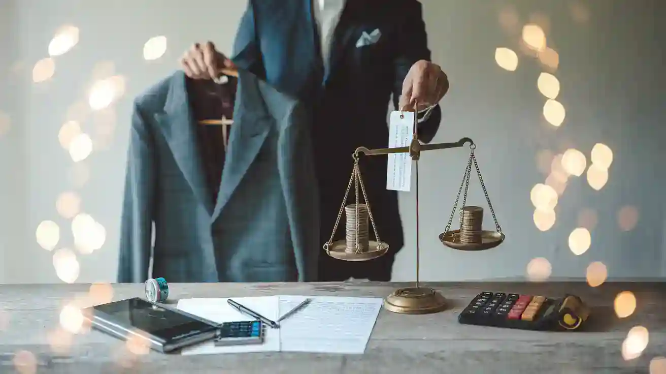 Balanced scale with coins and legal documents on a desk representing financial law and legal services.
