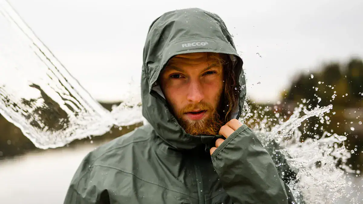 Waterproof rain jacket designed for outdoor activities and harsh weather conditions, providing comfort and protection in wet environments.