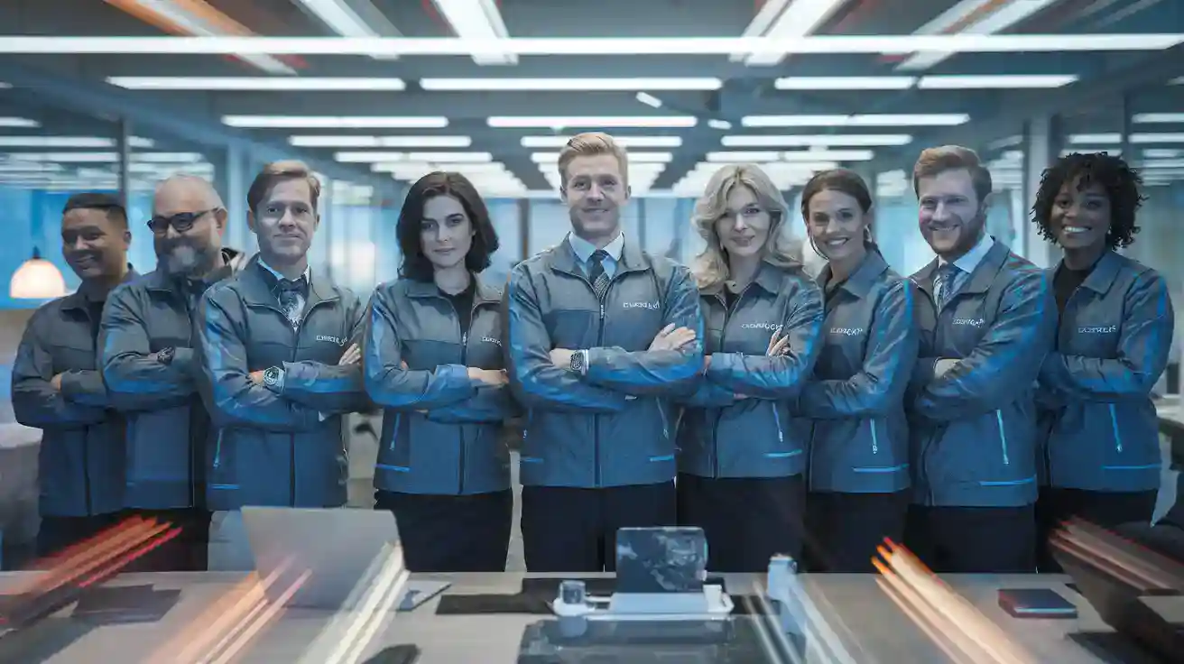 Custom work uniforms worn by diverse team members in a modern office environment.