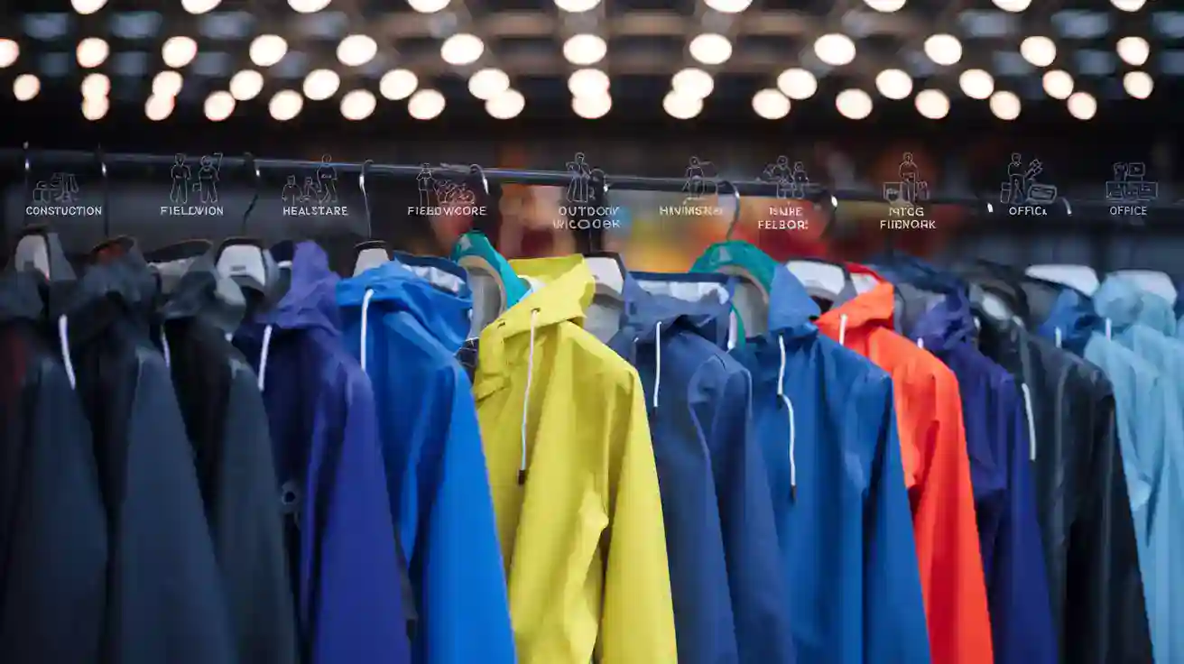 Brightly colored work jackets hanging on a rack, representing custom workwear uniforms for various industries like construction, healthcare, and outdoor activities.
