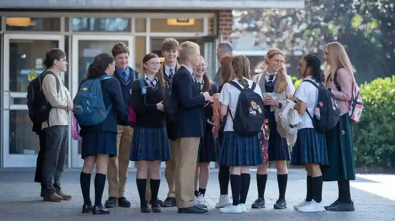 Custom school uniform clothing for students in China, featuring coordinated blouses, skirts, and jackets with backpacks, promoting a professional and uniform appearance.