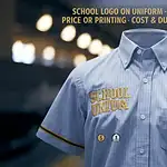 School uniform with embroidery and school logo, customized for durability and cost-effective printing, showcased in a textile factory setting.
