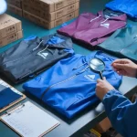 Brightly colored custom workwear jackets neatly folded on a table at a factory, with measurement tools and branding samples, showcasing high-quality uniform manufacturing in China.
