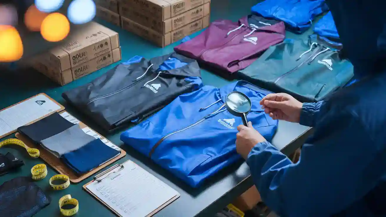 Brightly colored custom workwear jackets neatly folded on a table at a factory, with measurement tools and branding samples, showcasing high-quality uniform manufacturing in China.